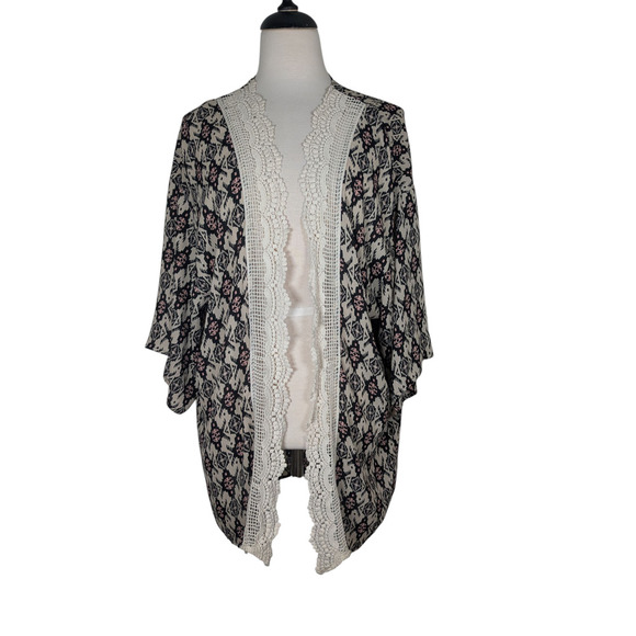 Xhilaration L/XL Open Front Crochet Trim Aztec Print Kimono Black Pink Tan - Picture 1 of 8